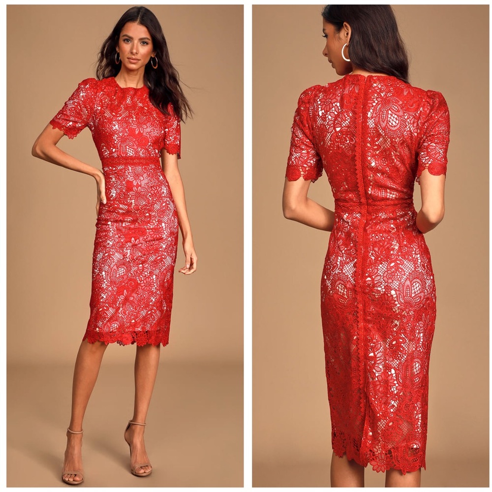 Lulu’s Amore Red Crochet Lace Short Sleeve Dress